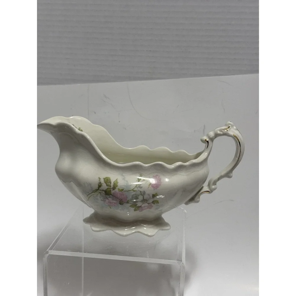 Antique Johnson Brothers, England Gravy Boat Reg Oct 21 1902 Pink Blue Gold Trim